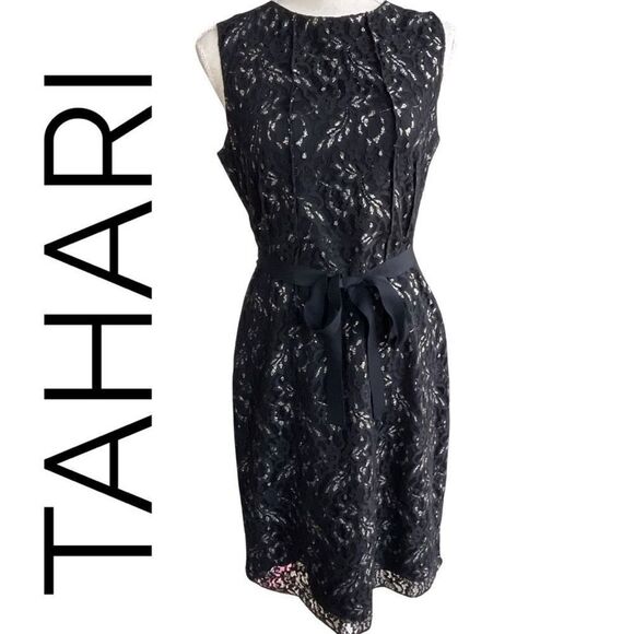 TAHARI Navy Blue Lace w/ Metallic accented Dress w/ matching tie belt - Picture 1 of 7